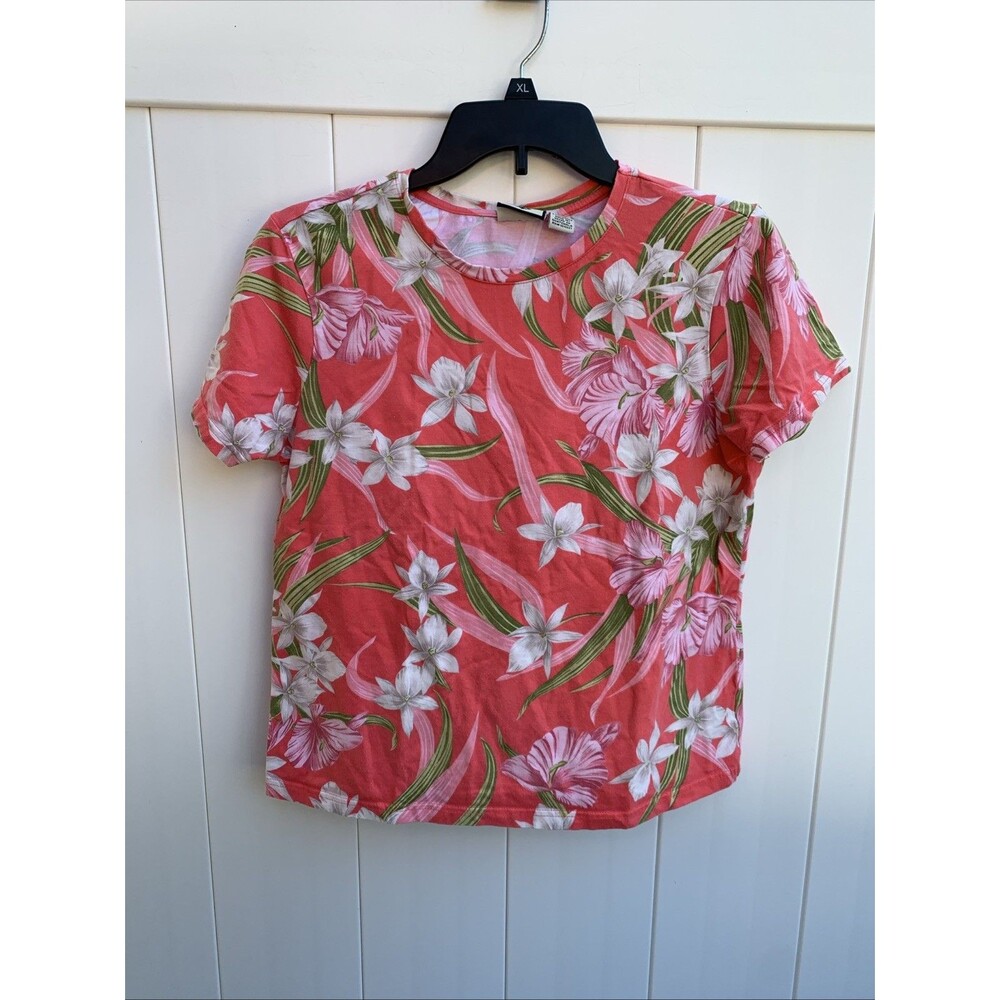 Caribbean Joe Let’s Go Womans Top Medium Floral Cotton Short Sleeve Pink